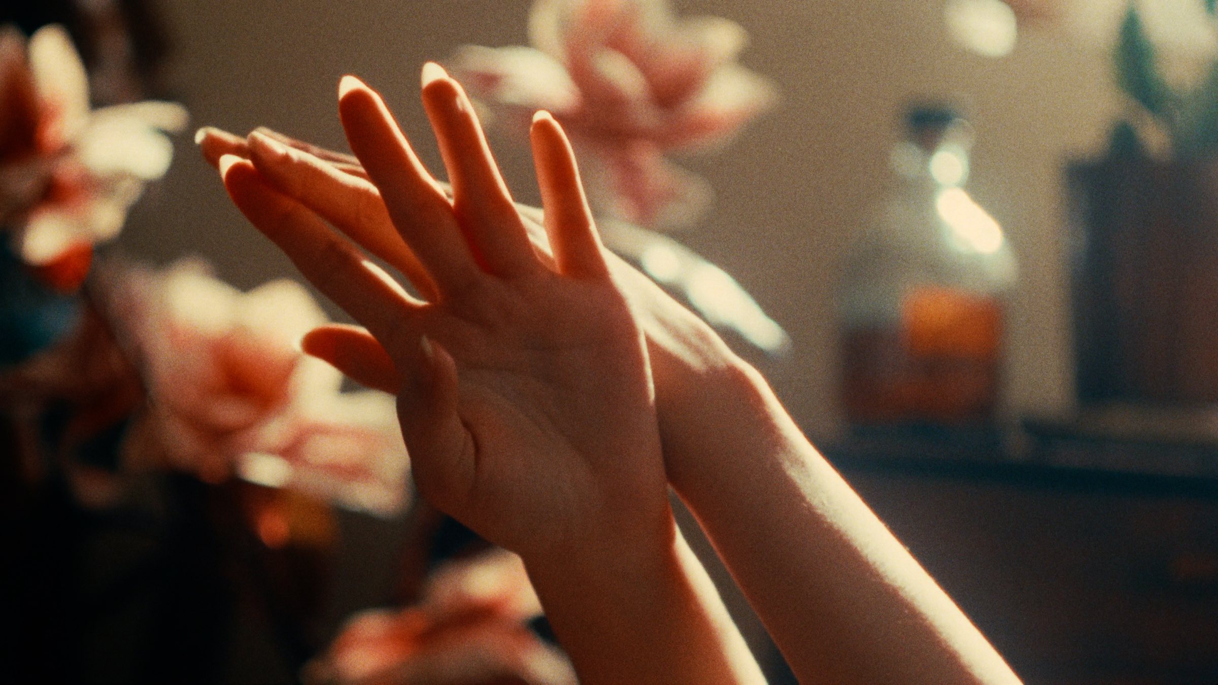 Two raised hands in warm light, flowers blurred behind, before